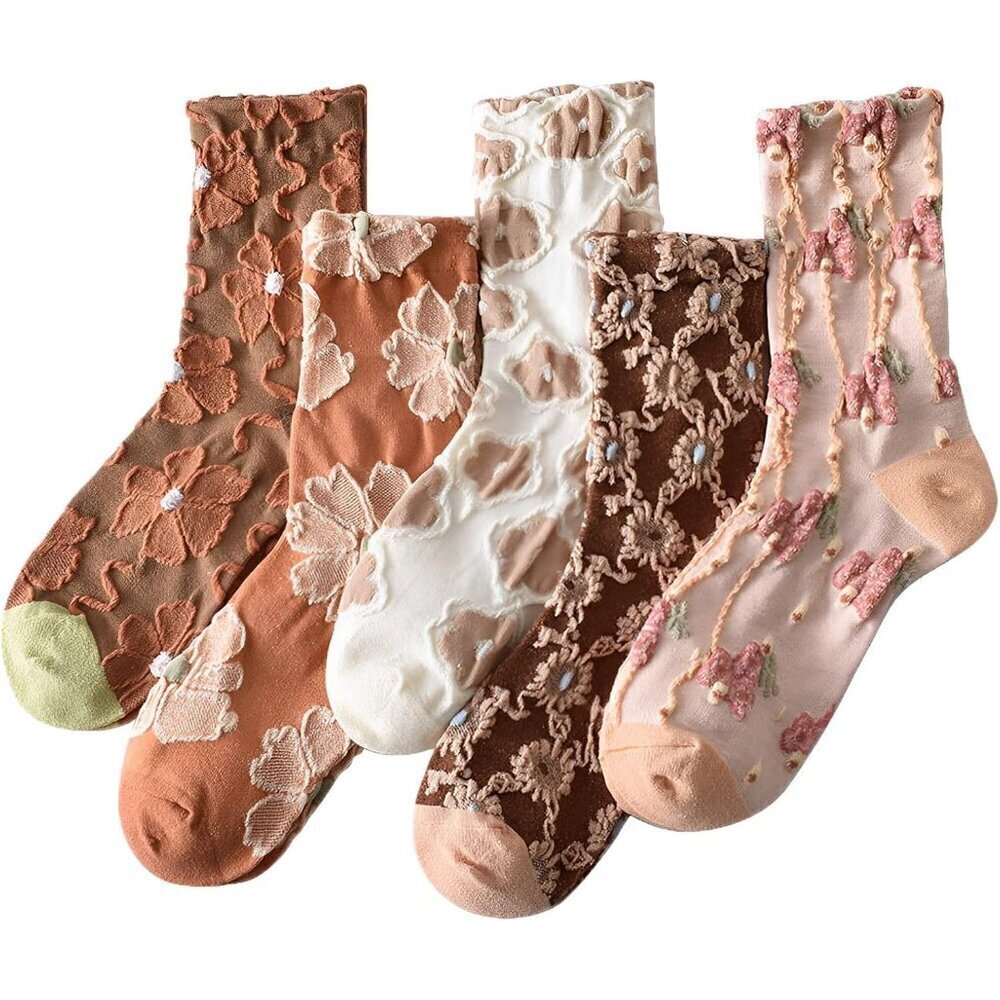 ❤️ Womens Cute Floral Socks Vintage Embroidered Frilly Floral Socks Kawaii Girly - Picture 1 of 7